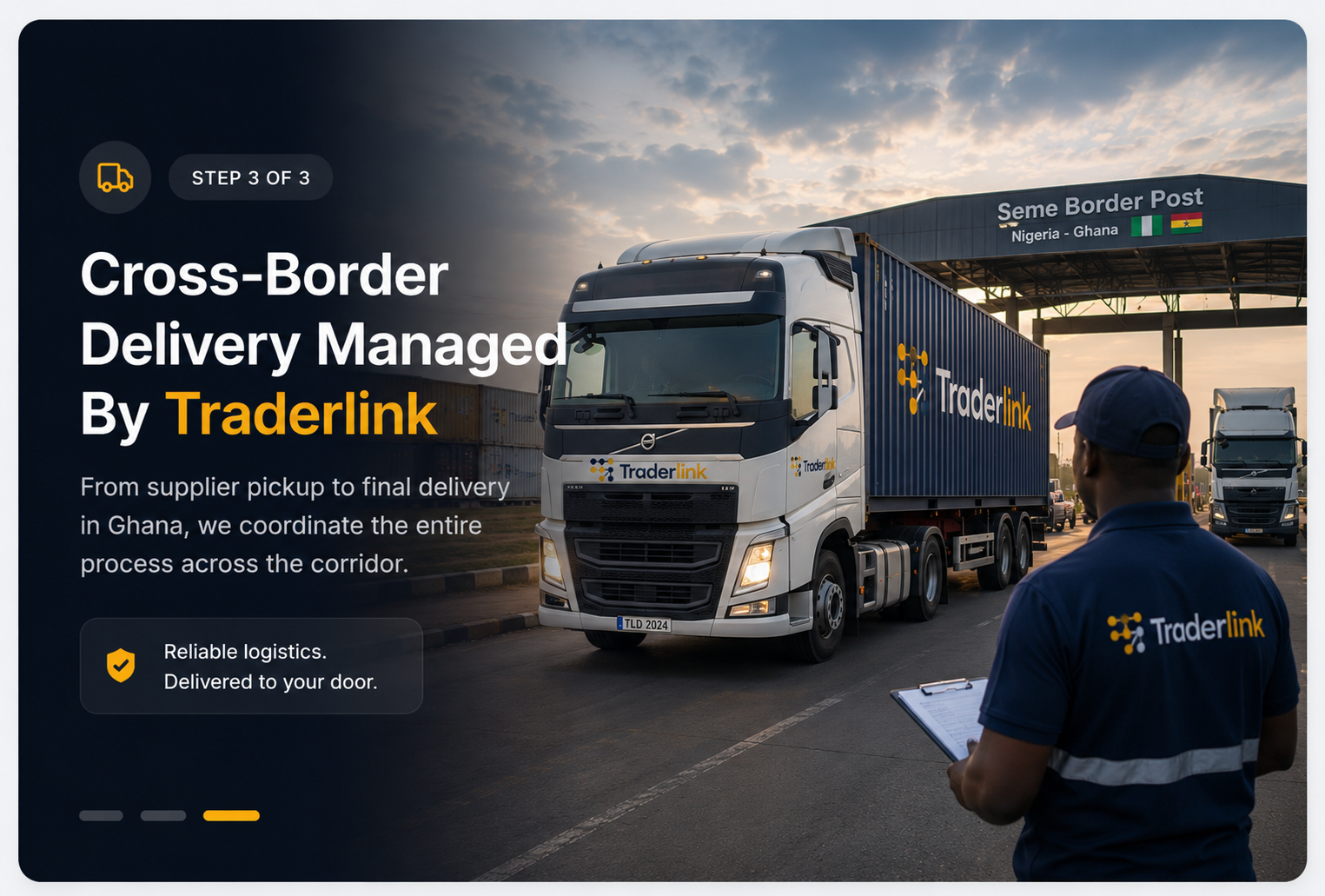 Traderlink freight truck at the Ghana–Nigeria border post