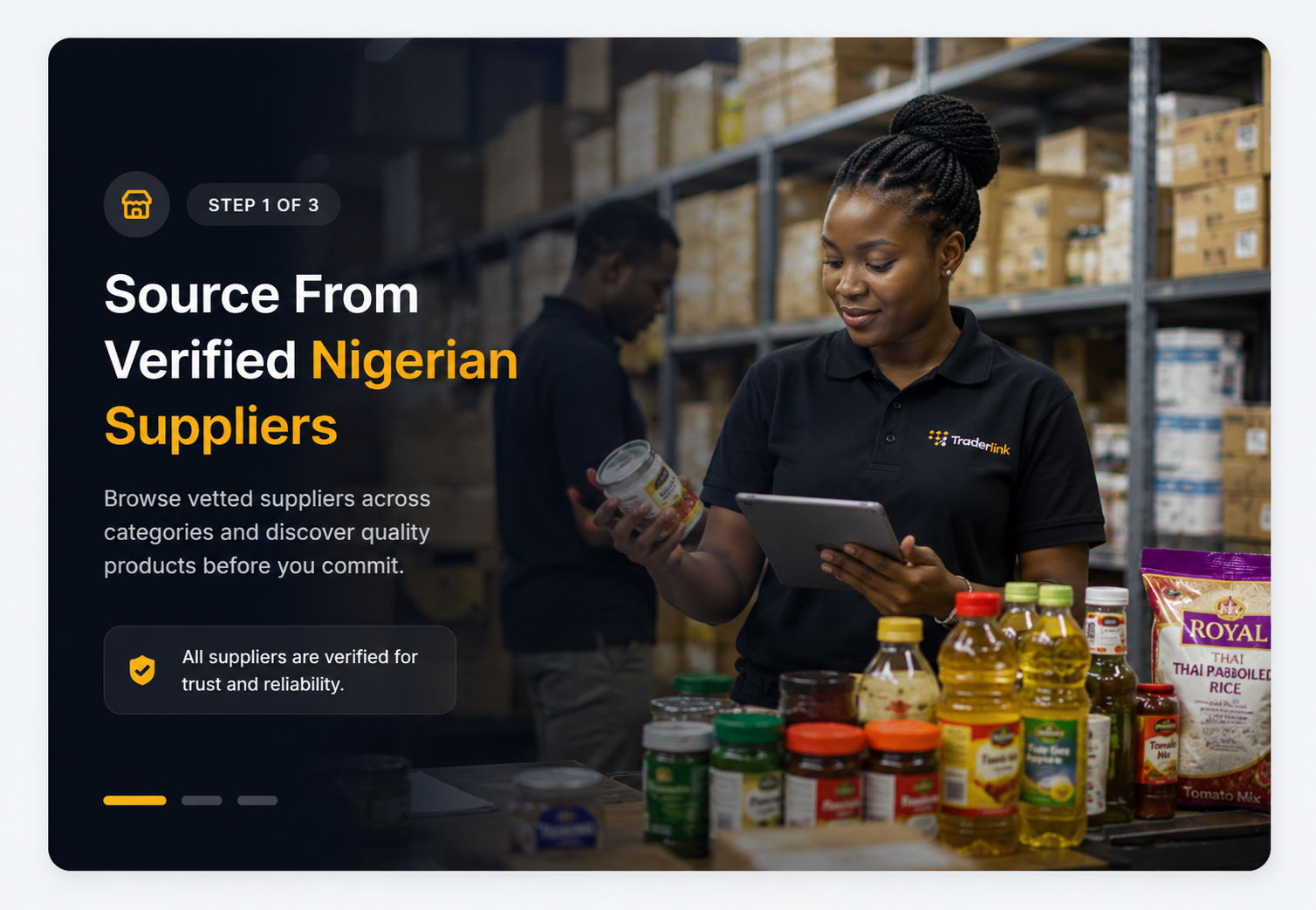 Verified supplier reviewing inventory in a warehouse